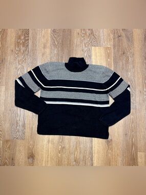JEANNE PIERRE Black and Ivory Striped Turtleneck Sweater